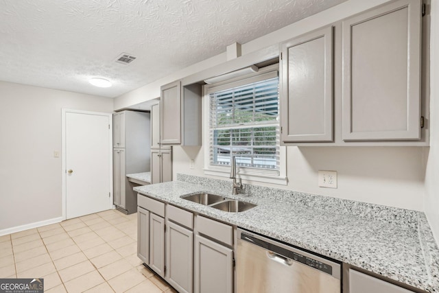 kitchen with a textured ceiling, a sink, visible vents, gray cabinets, and dishwasher