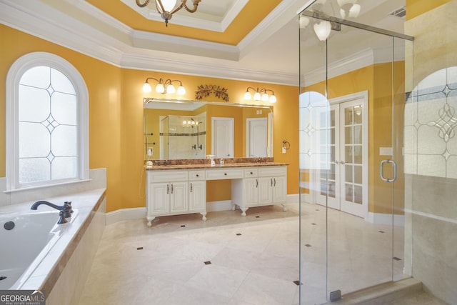 1565 Mountain Shadow Trl, Stone Mountain, GA 30087 - bathroom featuring a garden tub, crown molding, a stall shower, vanity, and french doors