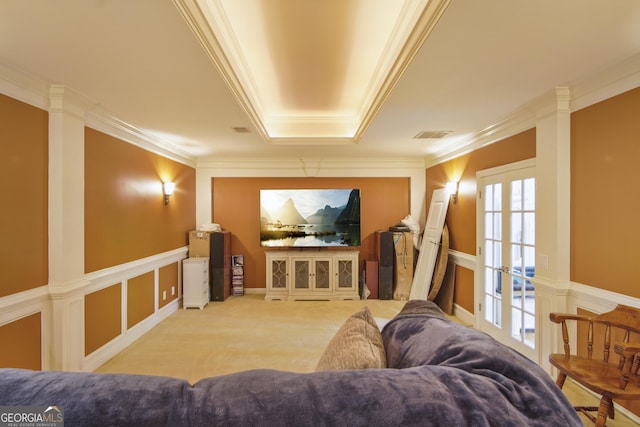 1565 Mountain Shadow Trl, Stone Mountain, GA 30087 - carpeted cinema room featuring visible vents and ornamental molding
