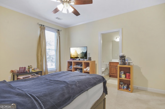 1565 Mountain Shadow Trl, Stone Mountain, GA 30087 - bedroom with light carpet, ensuite bathroom, visible vents, and ornamental molding