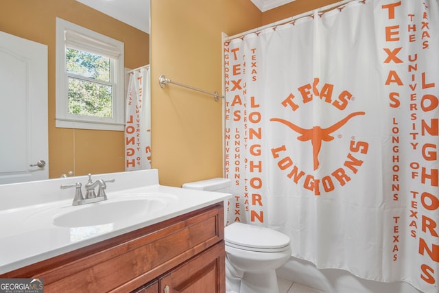 bathroom with vanity, tile patterned floors, a shower with curtain, crown molding, and toilet