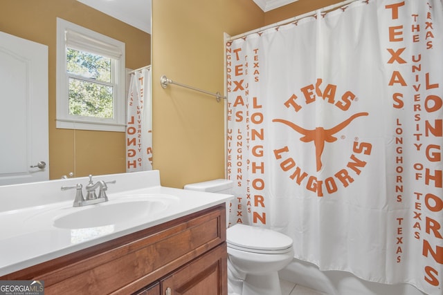 1565 Mountain Shadow Trl, Stone Mountain, GA 30087 - full bath with vanity, shower / tub combo with curtain, toilet, ornamental molding, and tile patterned flooring