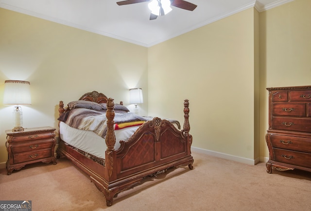 bedroom with light carpet, crown molding, and ceiling fan