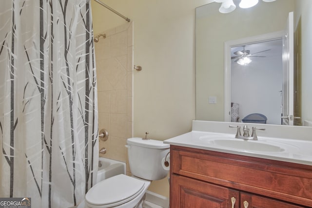 full bathroom with ceiling fan, shower / bath combination with curtain, vanity, and toilet