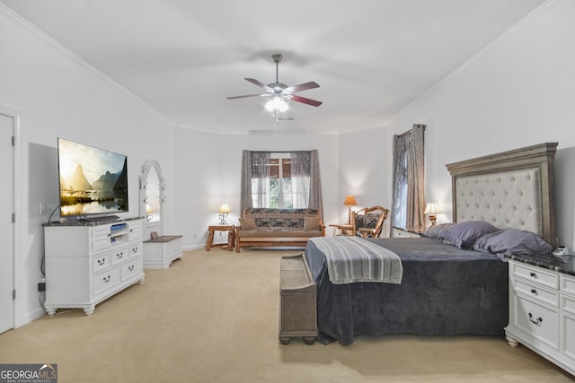 1565 Mountain Shadow Trl, Stone Mountain, GA 30087 - bedroom with light carpet, a ceiling fan, baseboards, and ornamental molding