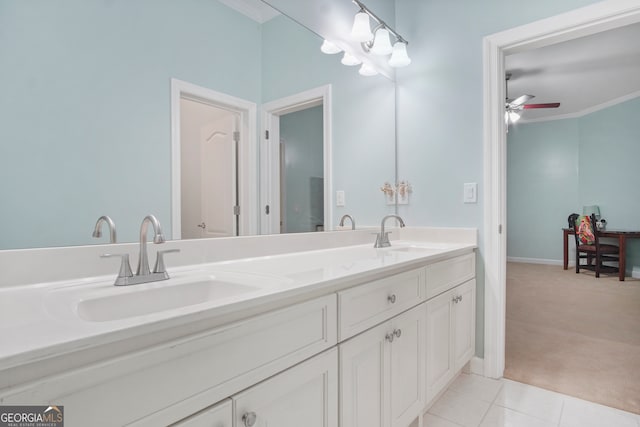 bathroom with ornamental molding, tile patterned floors, vanity, and ceiling fan