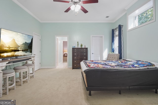 1565 Mountain Shadow Trl, Stone Mountain, GA 30087 - bedroom featuring a ceiling fan, crown molding, carpet, baseboards, and visible vents