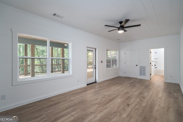 unfurnished living room with ceiling fan, light wood-type flooring, and wood ceiling