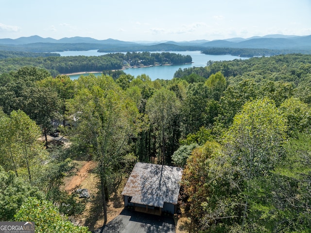 aerial view featuring a water and mountain view