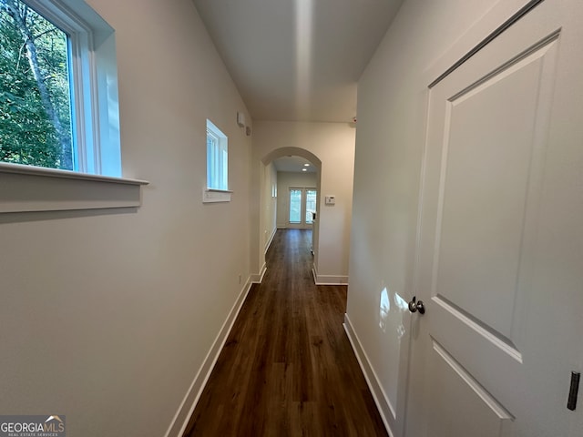 hallway with dark hardwood / wood-style flooring