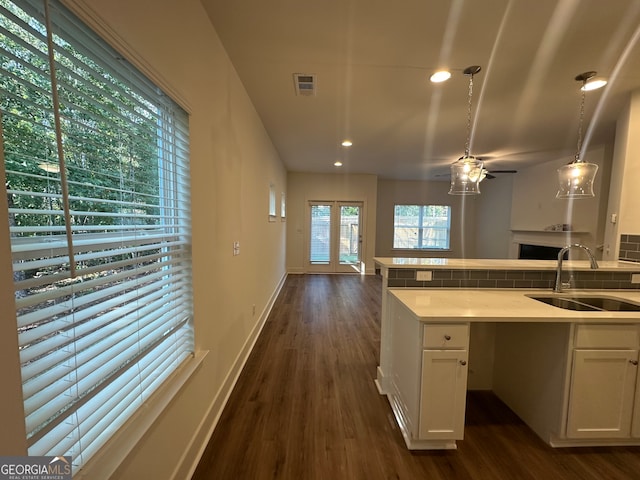 kitchen featuring dark wood-type flooring, sink, tasteful backsplash, and white cabinetry