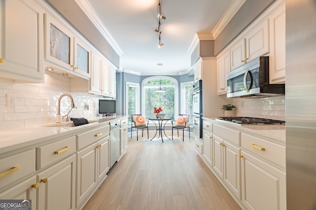 kitchen featuring light wood-type flooring, pendant lighting, tasteful backsplash, sink, and stainless steel appliances