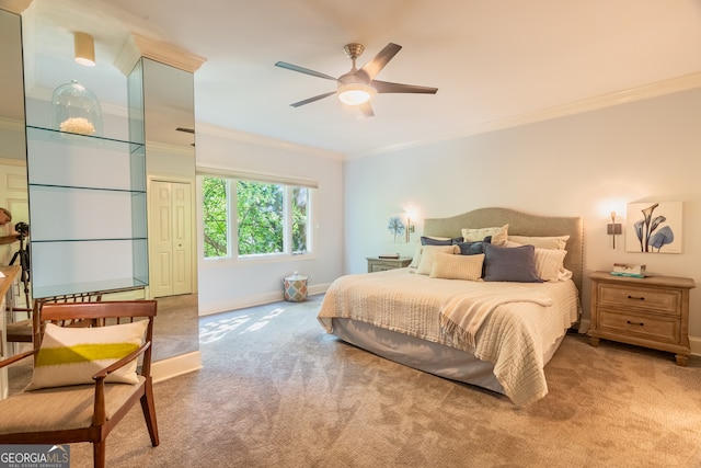 bedroom featuring ceiling fan, light colored carpet, and ornamental molding