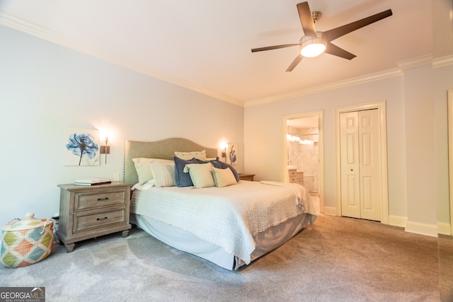 bedroom featuring ceiling fan, light colored carpet, a closet, ornamental molding, and connected bathroom