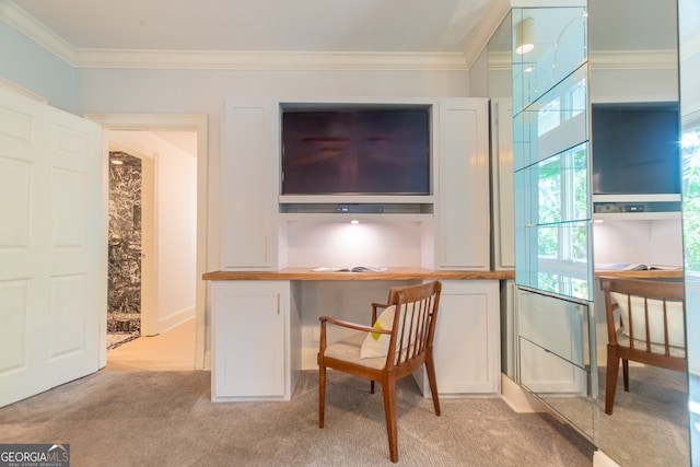 interior space featuring crown molding and light colored carpet