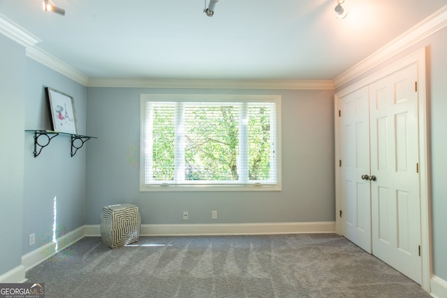 unfurnished bedroom with crown molding and carpet floors