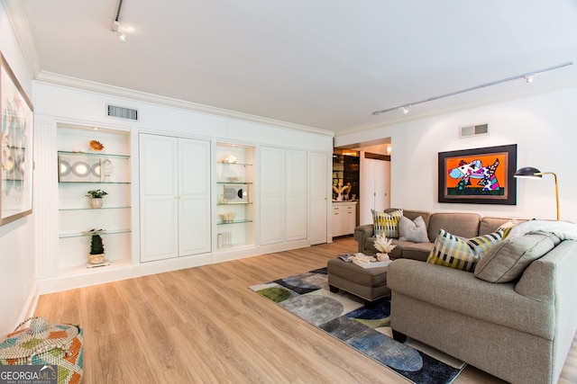 living room with track lighting, light wood-type flooring, and crown molding