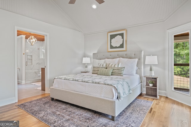 bedroom with ceiling fan, ensuite bathroom, light hardwood / wood-style floors, and access to outside