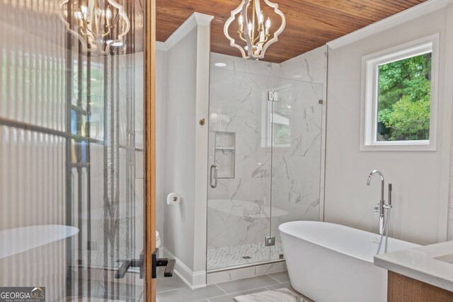 bathroom featuring independent shower and bath, an inviting chandelier, vanity, and wood ceiling