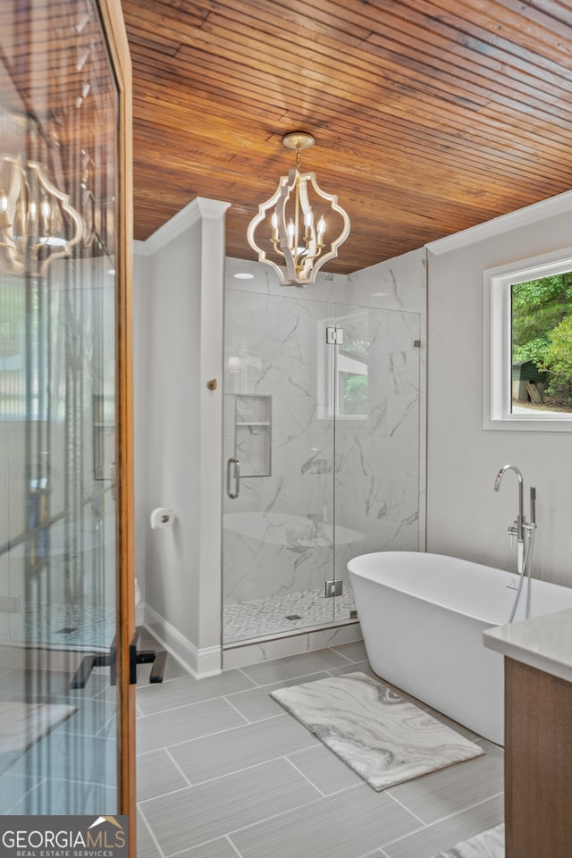 bathroom featuring vanity, wood ceiling, independent shower and bath, an inviting chandelier, and ornamental molding