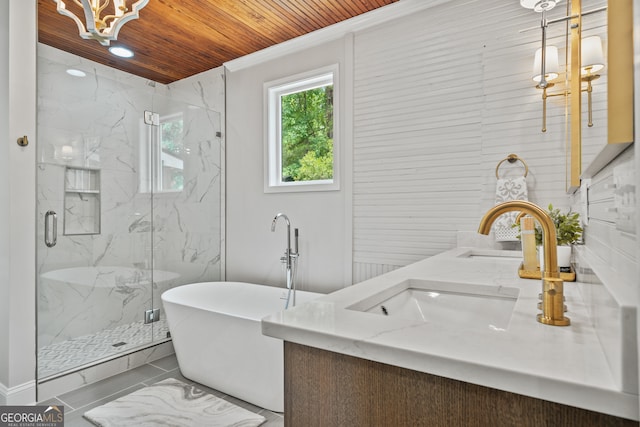 bathroom featuring a notable chandelier, vanity, separate shower and tub, and wooden ceiling