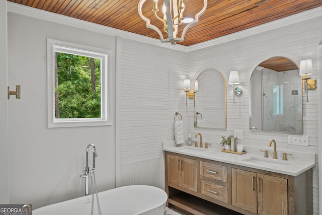 bathroom with crown molding, wooden ceiling, separate shower and tub, a notable chandelier, and vanity