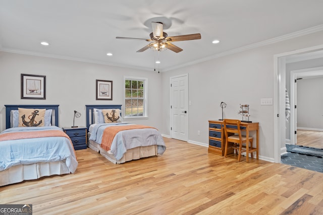 bedroom with ornamental molding, light hardwood / wood-style flooring, and ceiling fan