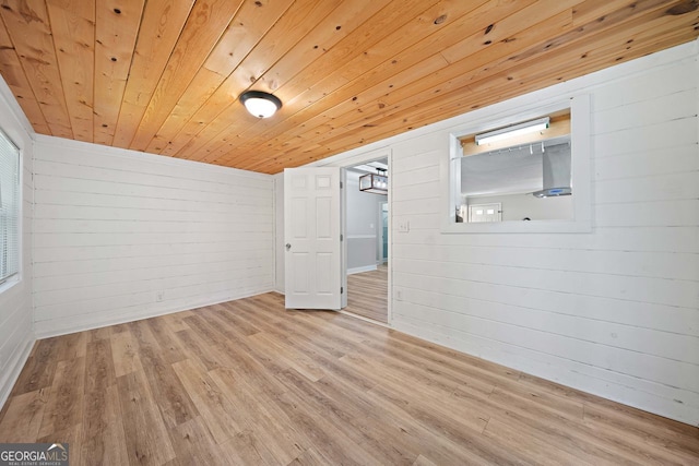 interior space with wooden walls, light hardwood / wood-style floors, and wooden ceiling