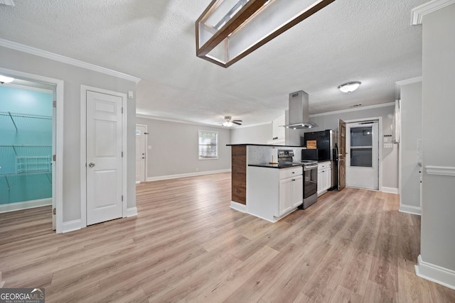 kitchen with light hardwood / wood-style flooring, white cabinets, stainless steel range with electric cooktop, and ventilation hood