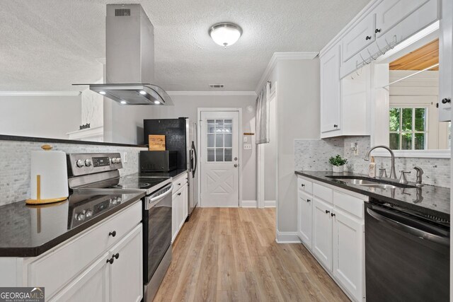 kitchen featuring sink, dishwasher, island range hood, electric stove, and white cabinets