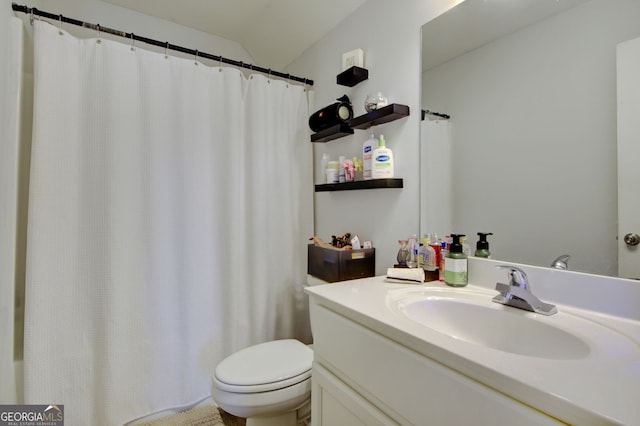 bathroom featuring vanity, walk in shower, and toilet