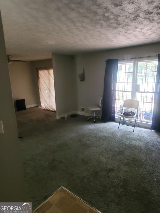 carpeted empty room featuring a textured ceiling