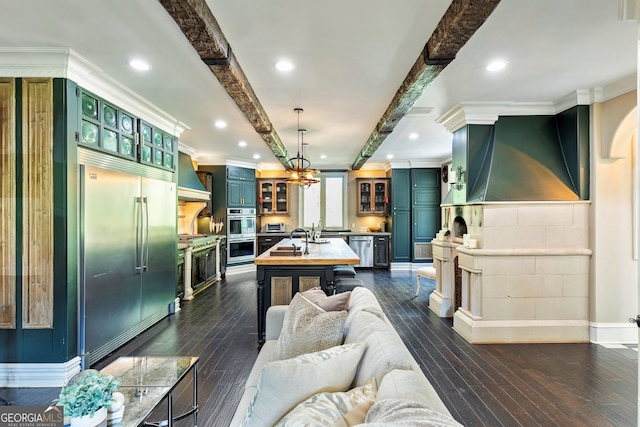 interior space with ornamental molding, beam ceiling, sink, and dark wood-type flooring