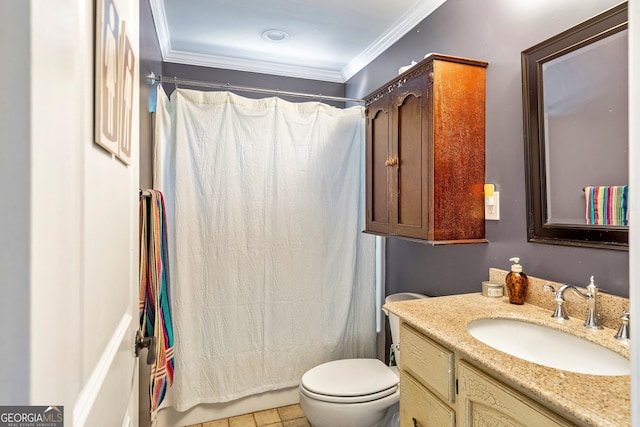 bathroom featuring vanity, ornamental molding, toilet, and tile patterned flooring