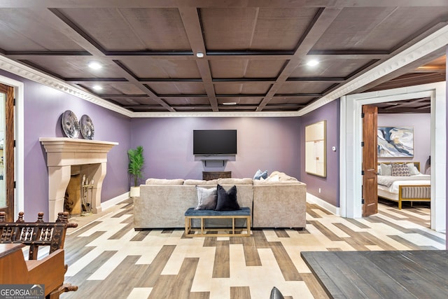 living room featuring coffered ceiling and light wood-type flooring