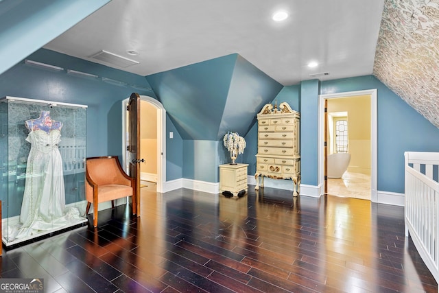 interior space featuring lofted ceiling and dark hardwood / wood-style flooring