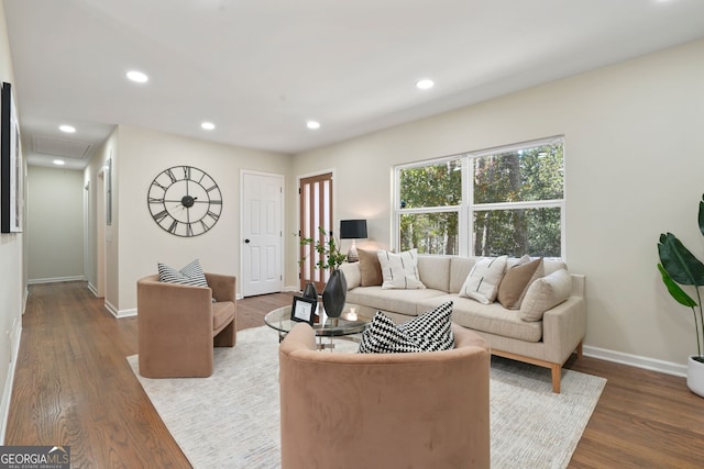 living room with dark hardwood / wood-style floors