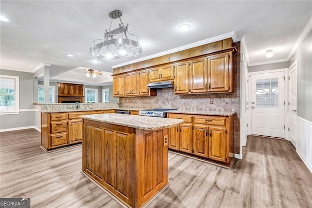 kitchen with kitchen peninsula, light hardwood / wood-style flooring, a center island, stainless steel range, and crown molding