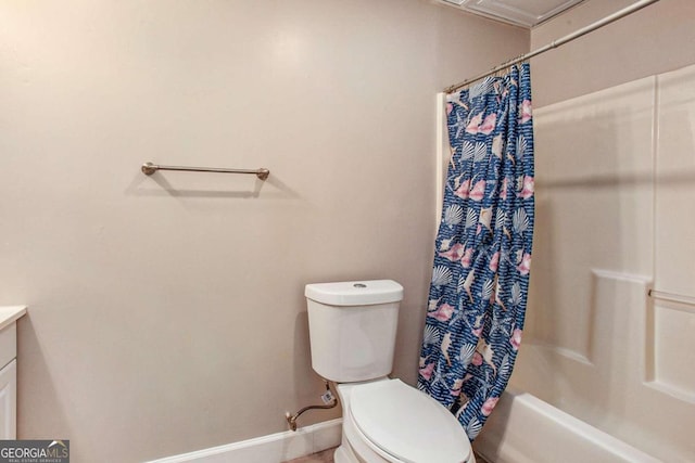 full bathroom with vanity, toilet, and shower / bathtub combination with curtain