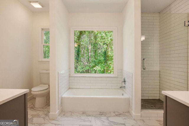 full bathroom featuring independent shower and bath, a wealth of natural light, vanity, and toilet