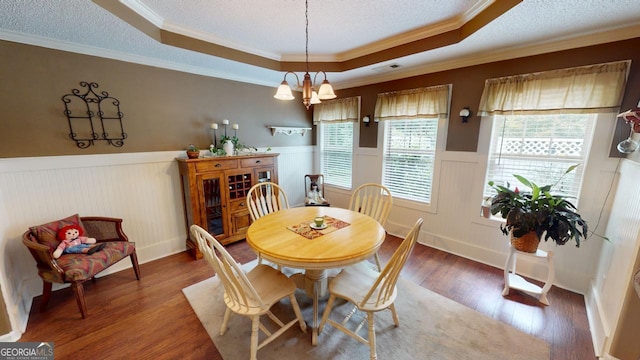 dining room featuring a chandelier, crown molding, a raised ceiling, dark hardwood / wood-style floors, and a textured ceiling