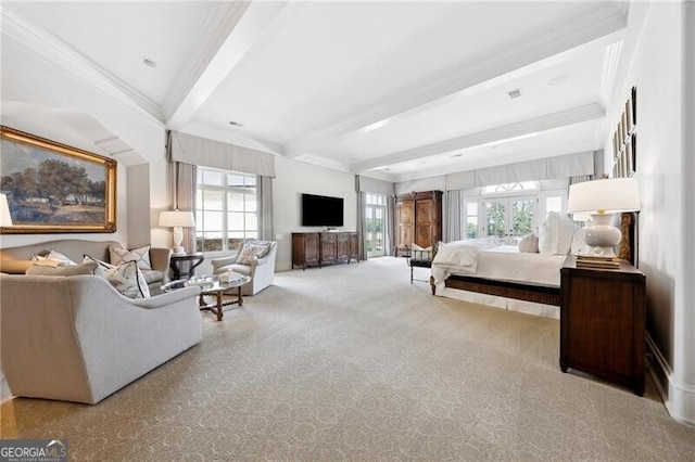 bedroom with ornamental molding, multiple windows, beam ceiling, and light colored carpet