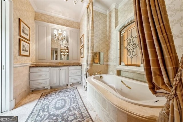 bathroom with vanity, a relaxing tiled tub, a chandelier, crown molding, and tile patterned flooring