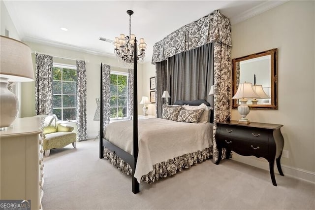 bedroom featuring light carpet, an inviting chandelier, ornamental molding, and access to outside