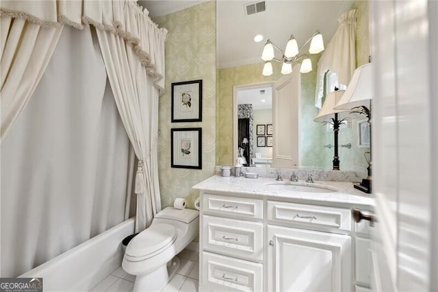 full bathroom with shower / tub combo, toilet, crown molding, tile patterned floors, and vanity