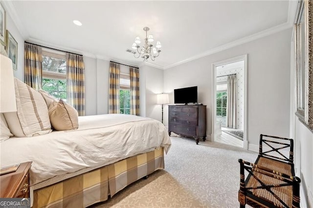 carpeted bedroom with ornamental molding and a notable chandelier