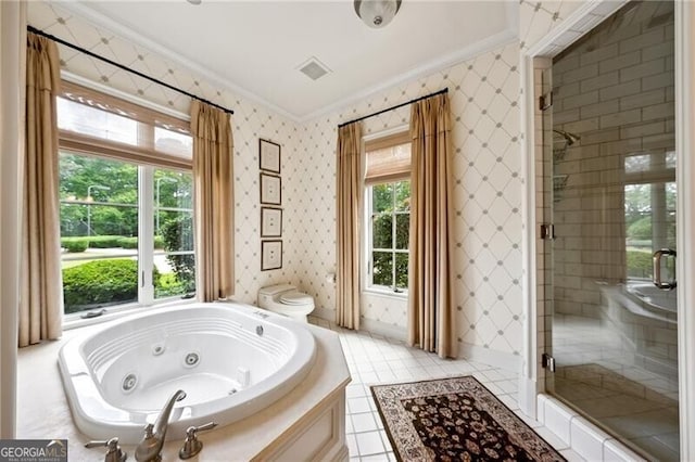 bathroom with independent shower and bath, tile patterned flooring, and ornamental molding