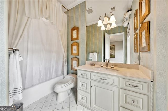 full bathroom with vanity, tile patterned floors, crown molding, shower / bath combo, and toilet