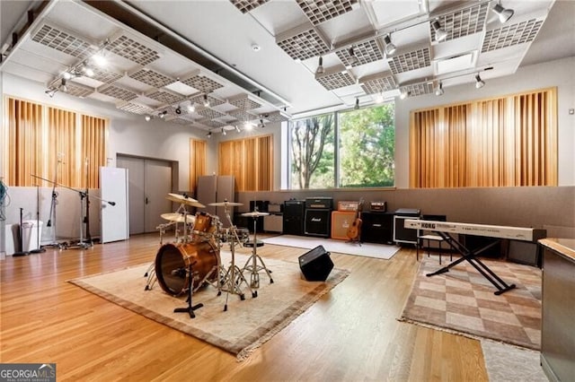 workout area featuring wood-type flooring