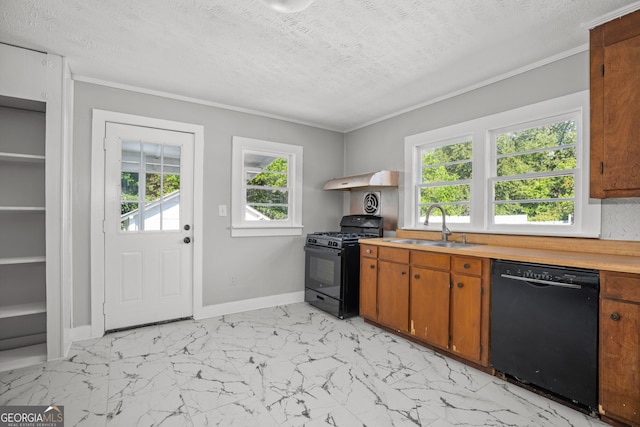 kitchen with ornamental molding, a textured ceiling, sink, and black appliances